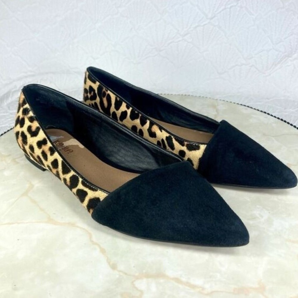 Crown Vintage Noelle Pointed Toe Flats Women 6 Black Tan Pony Hair Leopard Print